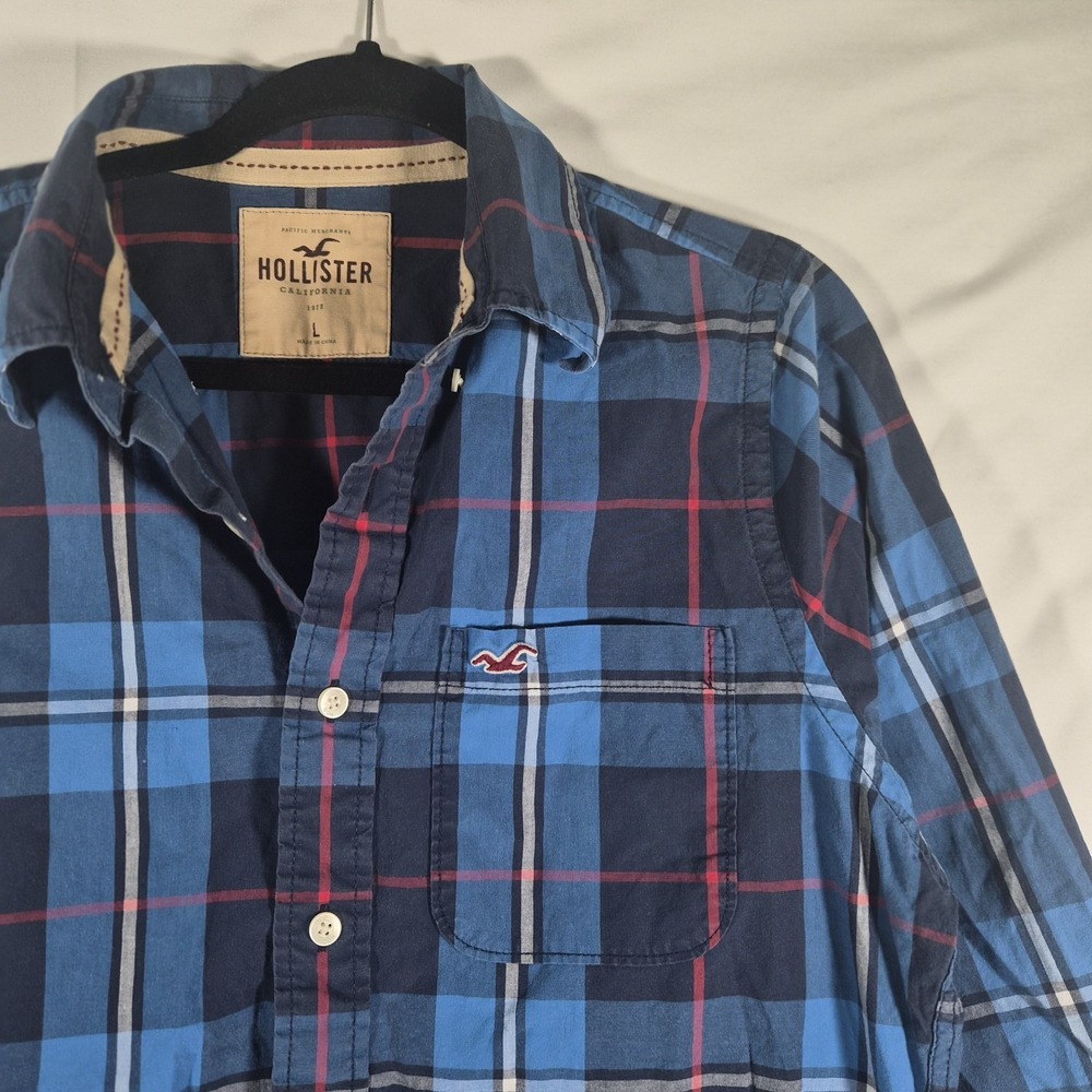 2000s Y2k Hollister Men's Large Plaid Button Down Shirt Blue Red Preppy Casual